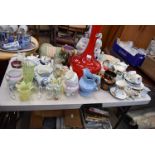 Table top with Staffordshire figures, lustreware jugs, commemorative ware, vaseline glass, plus