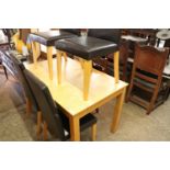 Rectangular rubber wood dining table and 4 matching black upholstered high back dining chairs