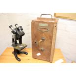 Cased microscope, the wooden case bearing label for Quick Lab Camb and marked 90726