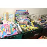 3 crates of mixed stationery items incl. Tipex, marker pans, math sets, etc.