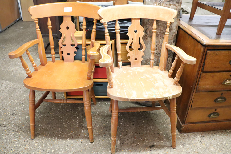 Pair of beech framed spindle back carver chairs