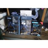 2 boxes of blue and white outdoor Christmas lights with box of 360 warm white LED Christmas lights