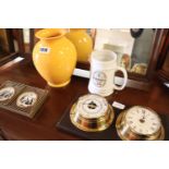Battery powered clock and barometer, Guinness tankard, yellow vase and 2 miniatures