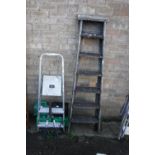 Wooden decorators ladder with 2 step aluminium stepladder, pair of garden shears and 4 plastic jerry