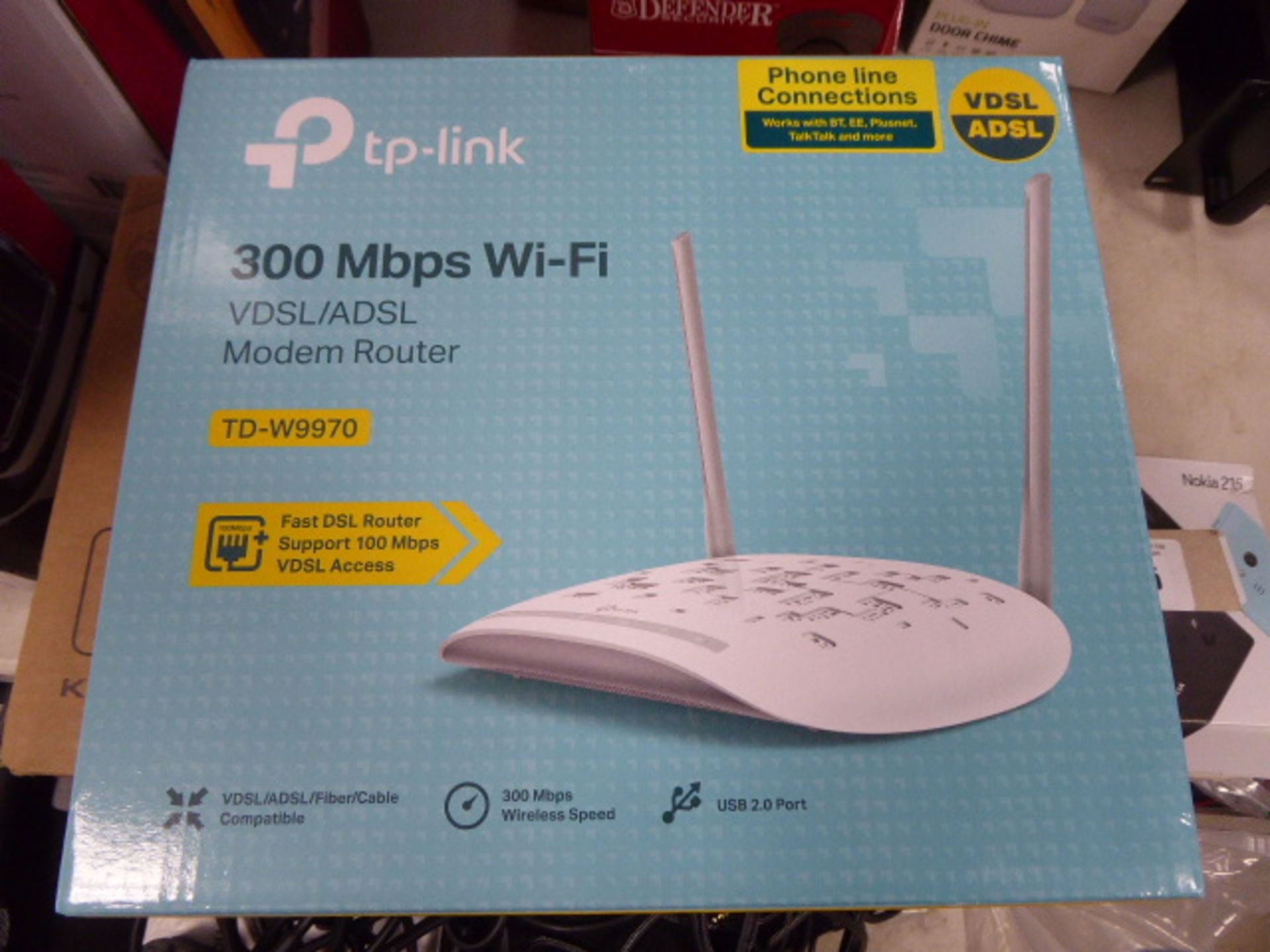 TP link 300 megabytes per second wifi router model PDW9970 with box, power adapter and antennas