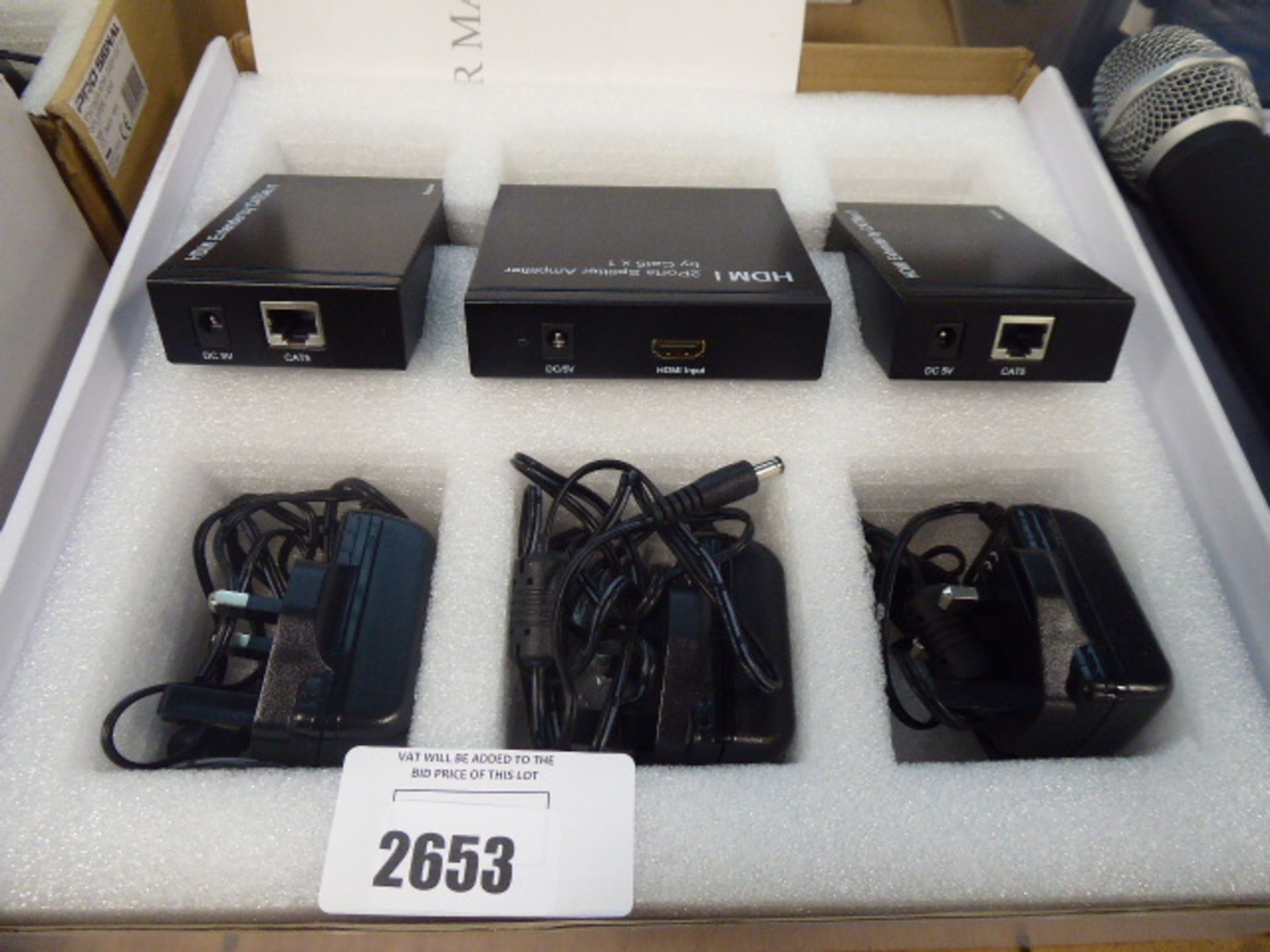 HDMI extender Cat 5E kit with power adapters and box