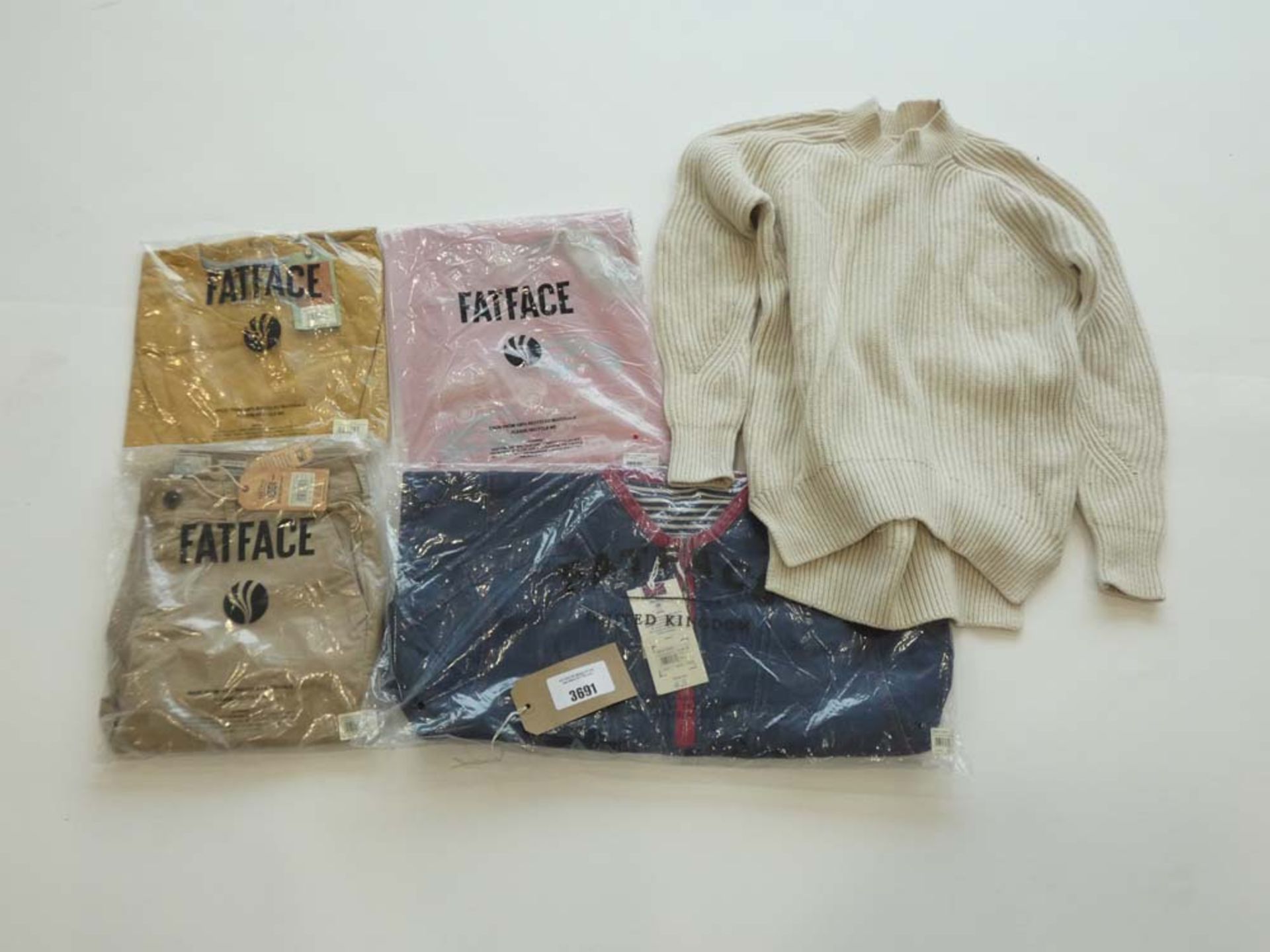 Quantity of Fatface clothing: Fatface mustard yellow jumper, Fatface licensed Land Rover t-shirt,