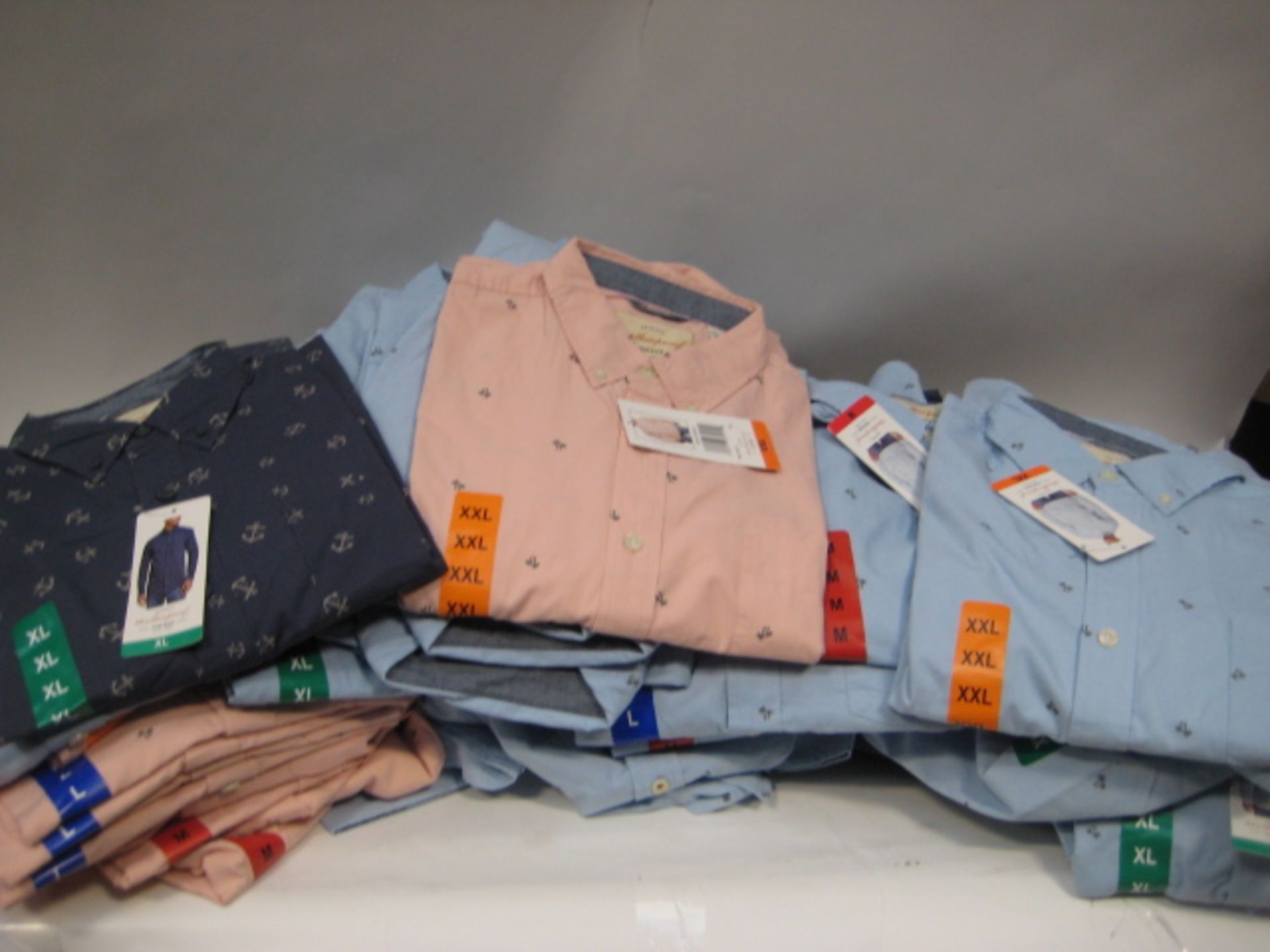 Box containing 70 gents shirts by Weatherproof in light blue, dark blue and pink with anchor and