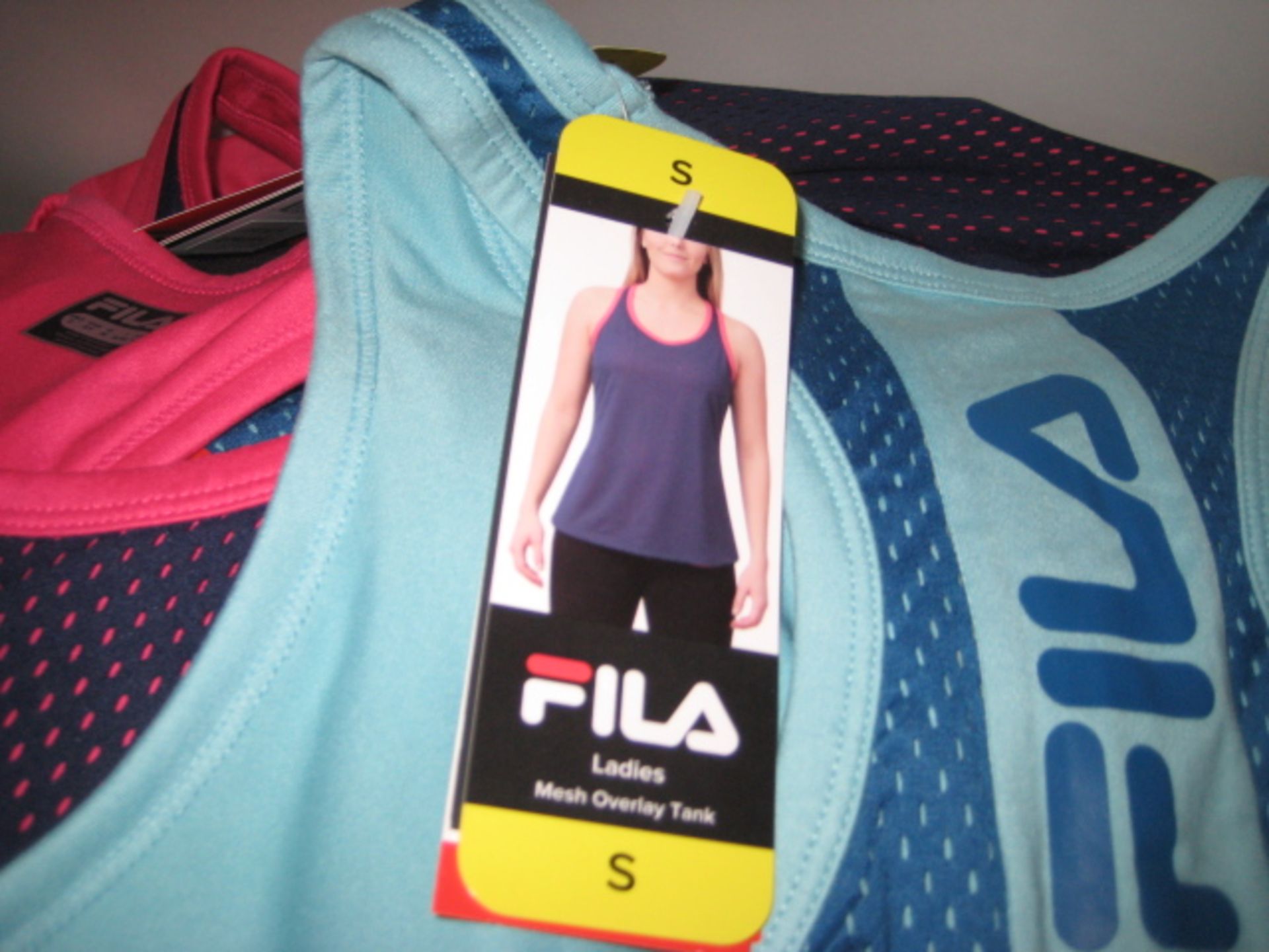 Box of 70 Fila ladies mesh overlay tank tops sizes S - L - various colours both pink & blue, light - Image 2 of 2