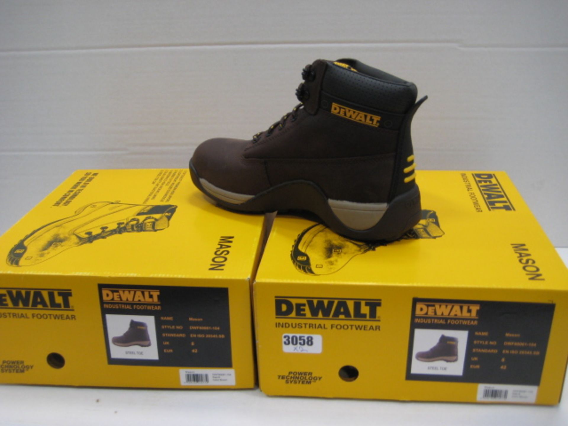 Two boxed pairs of Dewalt toe protector boots size 8 in dark brown