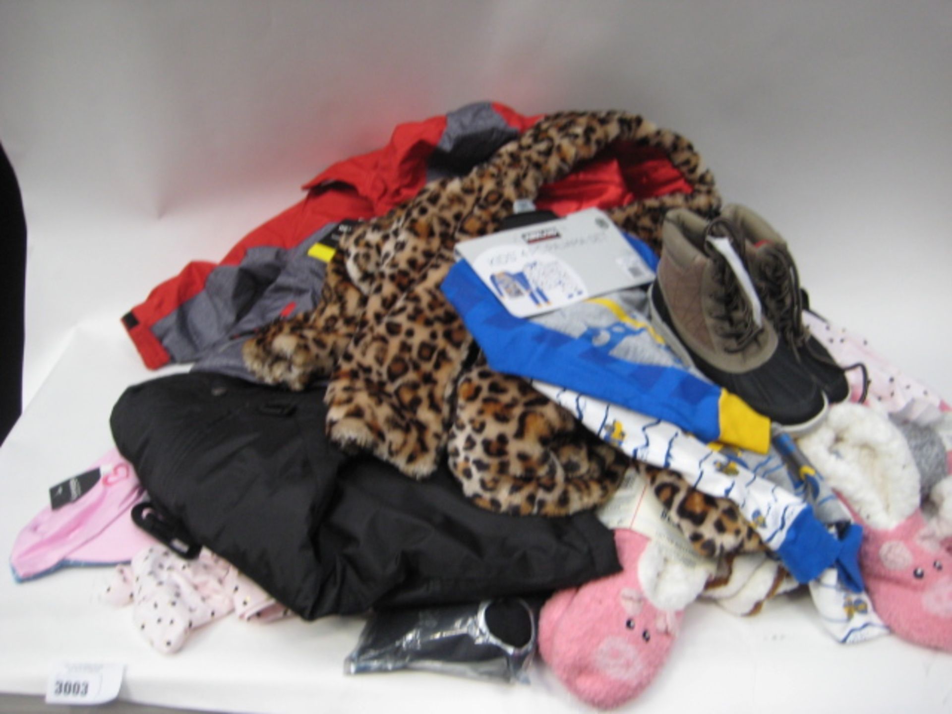 Bag containing childrens clothing to include 2 piece pyjama sets, animal print furry jackets,