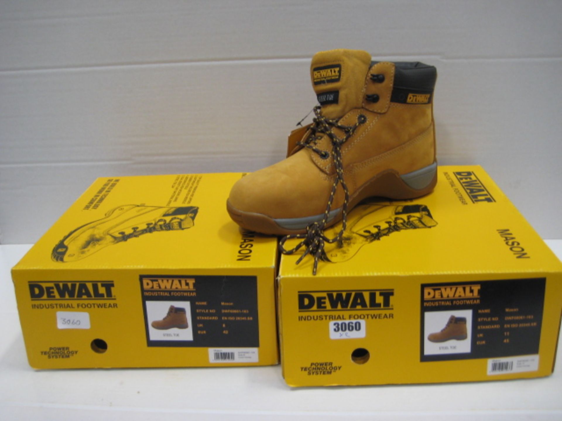 Two pairs of Dewalt industrial toe protector boots in tan size 8 & 11