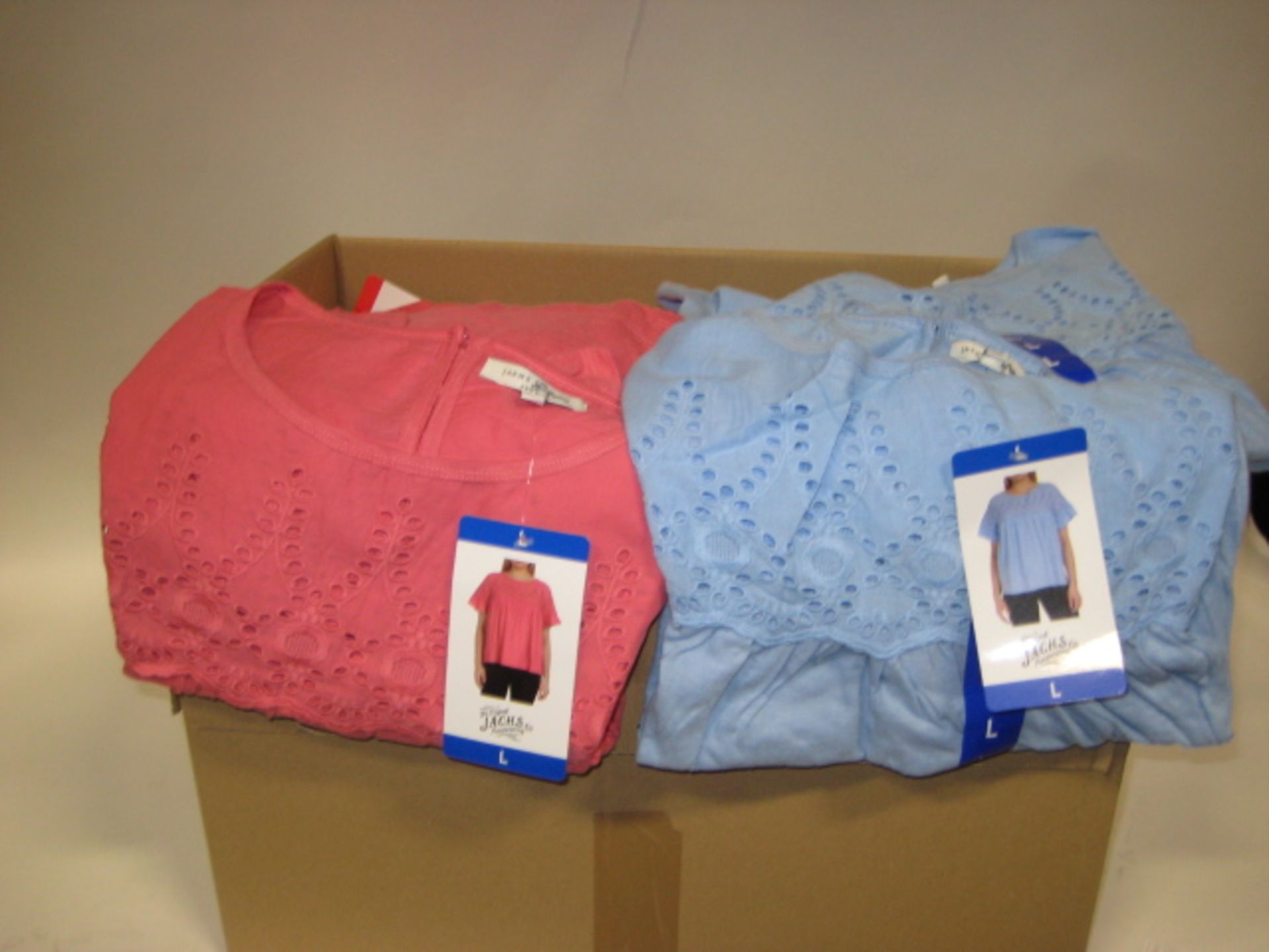 Box of approximately 50 Jack New York pink and light blue cotton blouses sizes M - XL