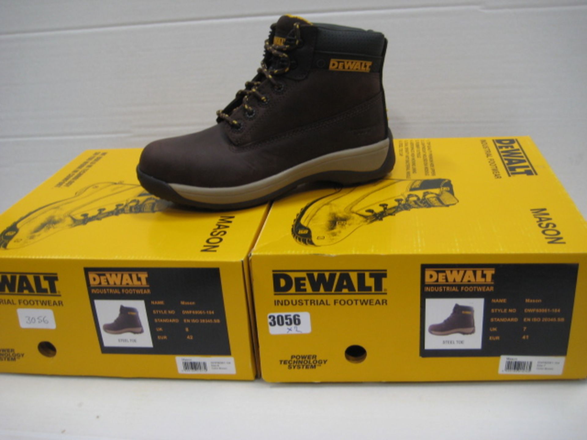 Two pairs of Dewalt industrial toe protector boots dark brown sizes 7 & 8