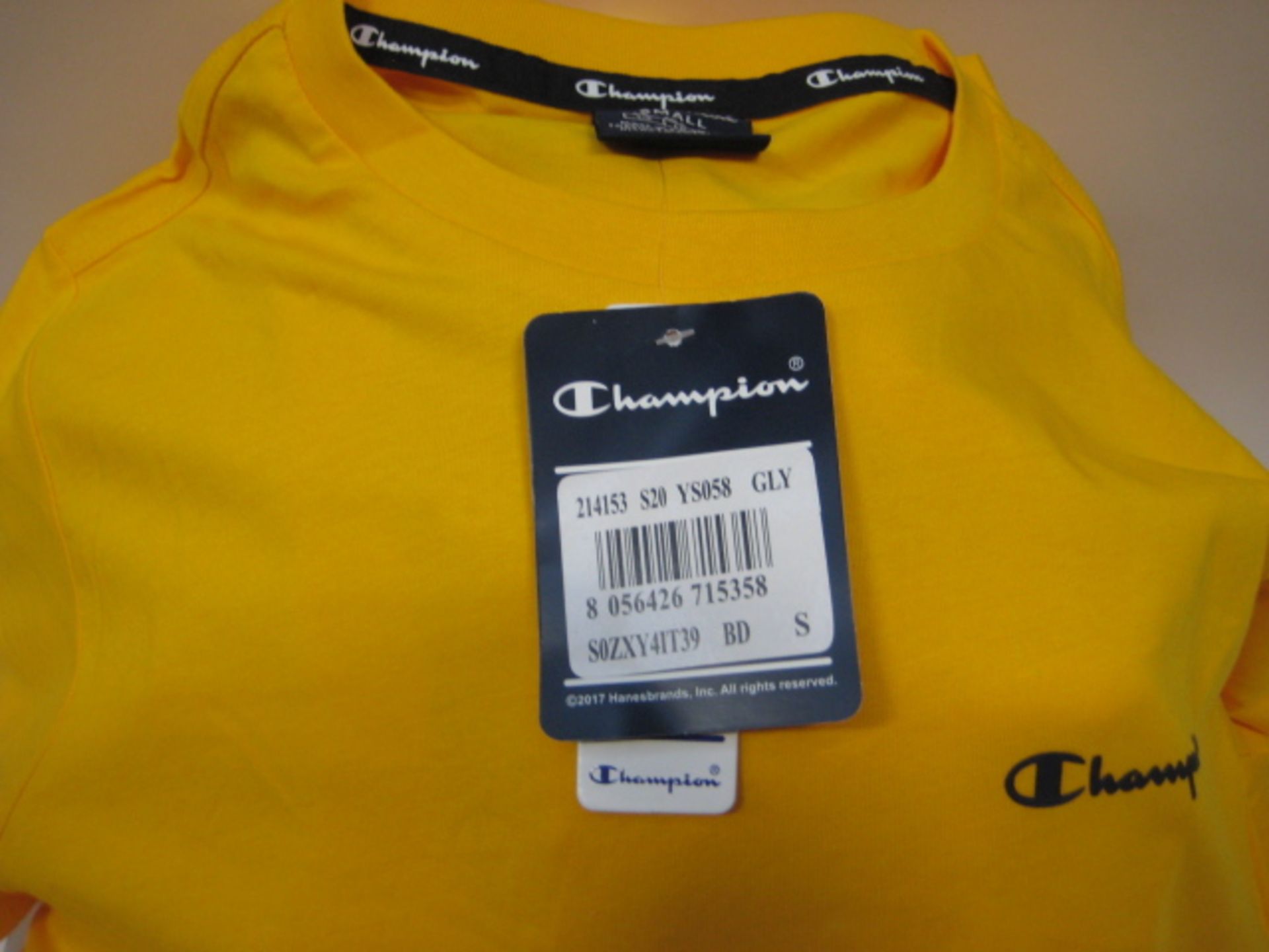 Box containing 65 Champion yellow T-shirts sizes predominately small - Image 2 of 3