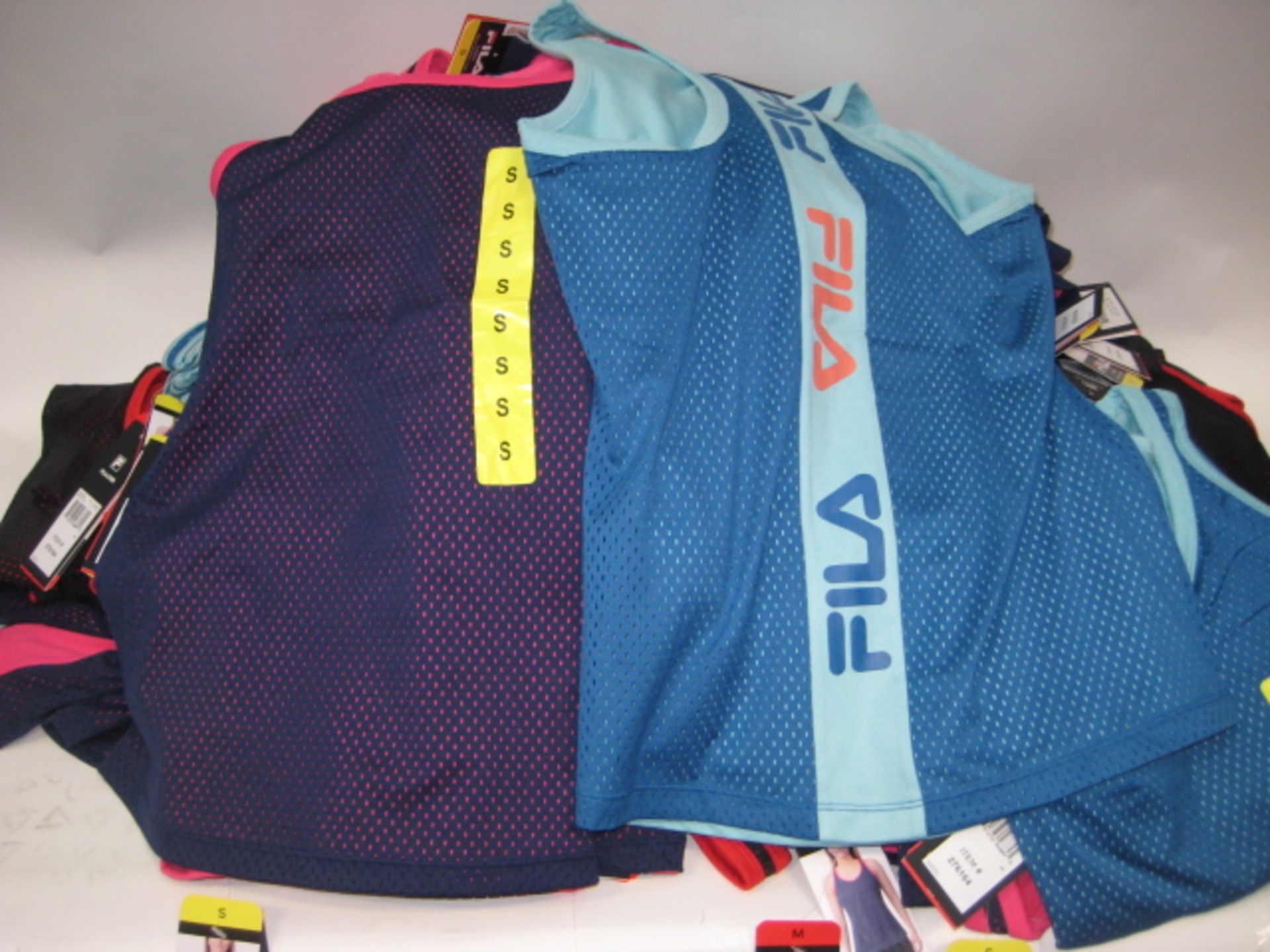 Box of 70 Fila ladies mesh overlay tank tops sizes S - L - various colours both pink & blue, light