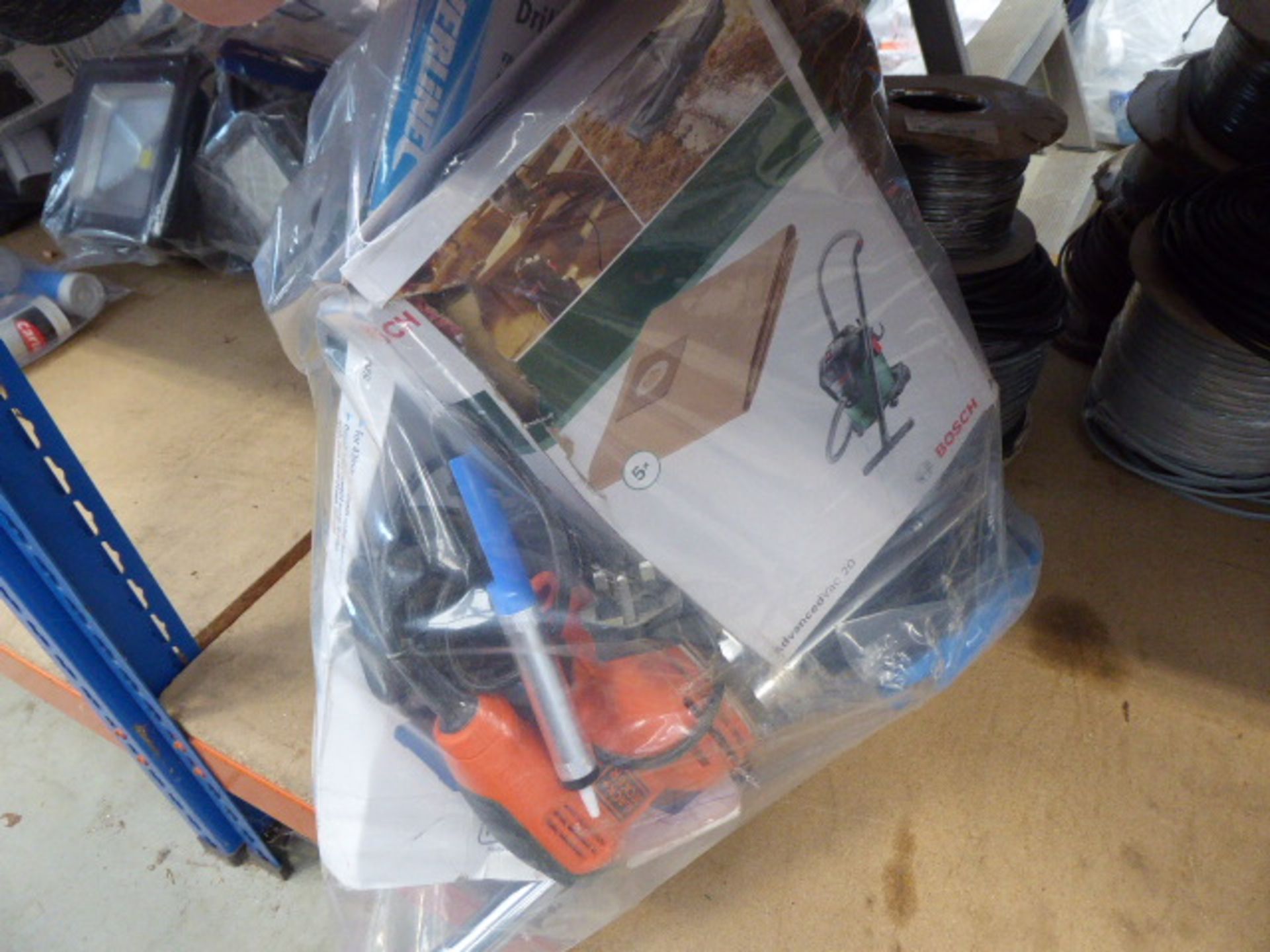 Plastic bag containing Bosch pressure washer hose, soldering station, drill stand, vacuum bags, - Image 2 of 2