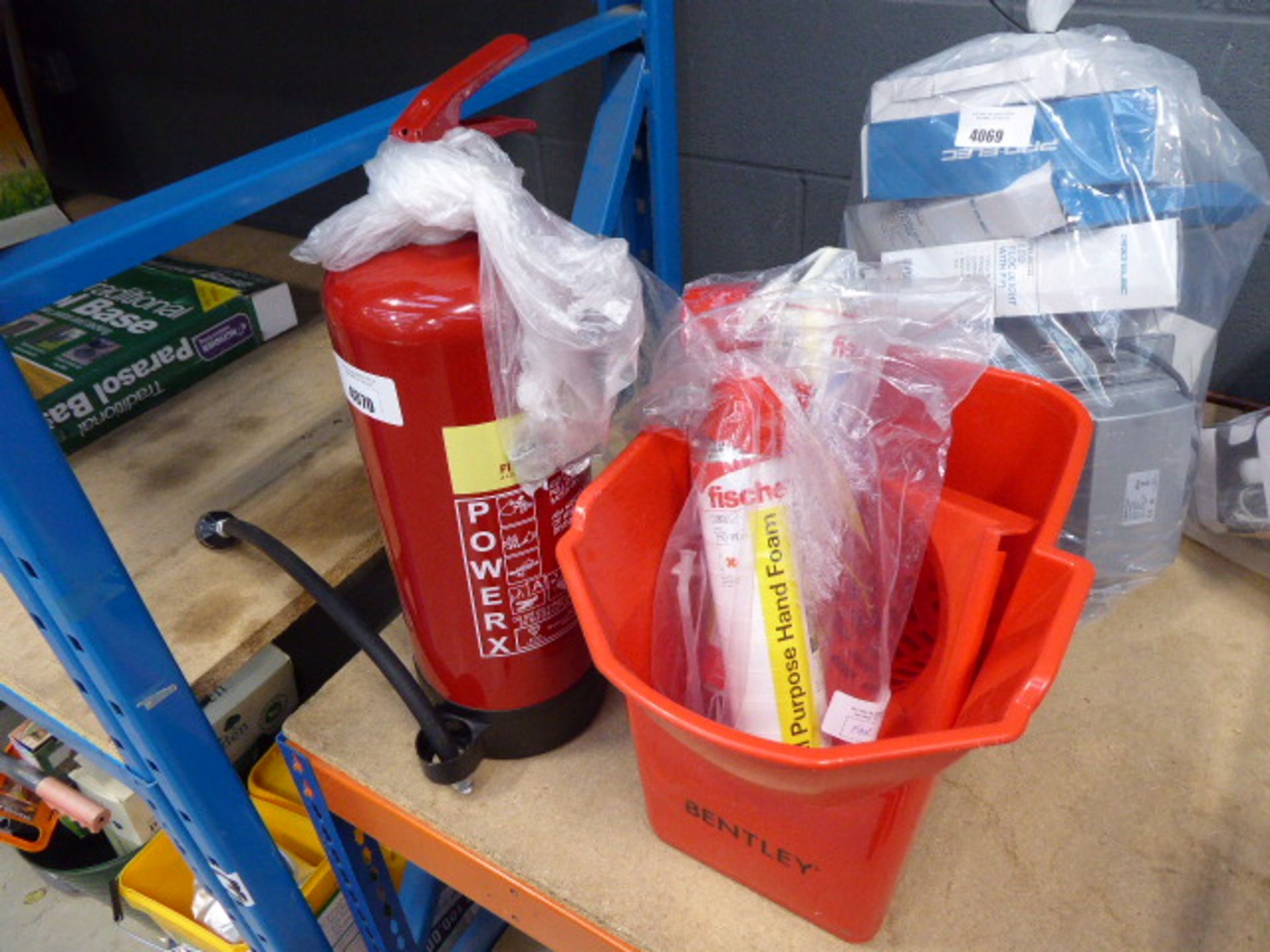 Fire extinguisher, hand foam and a mop bucket