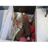 Box containing knives, silver plated spoons, plus medallions