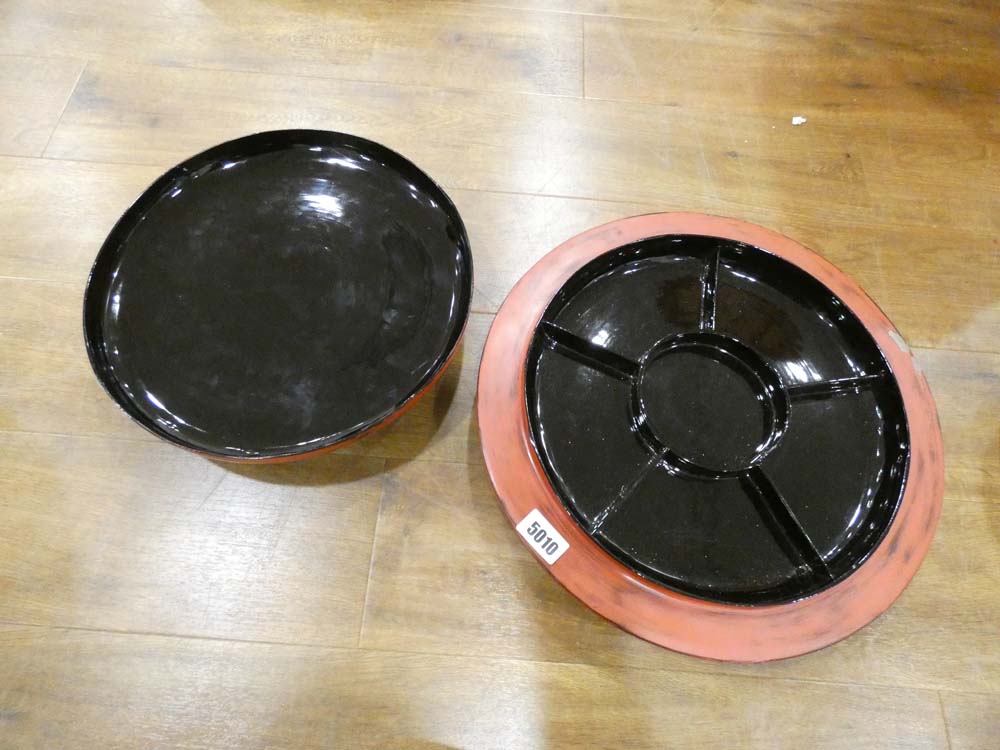 A late 20th century Oriental black lacquered dish, a modern printed tray and a circular lidded - Image 6 of 7