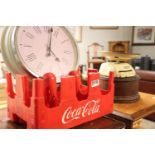 Plastic Coca-Cola crate, set of Salter weighing scales, wooden plinth and modern clock