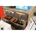 (17) Small wooden 4 drawer tool cabinet and contents of soldering equipment, screwdrivers, and other