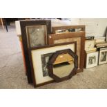 Collection of 5 wooden framed wall hangings incl. photograph of mountain range, octagonal wall