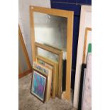 Collection of various pictures and prints with large wooden framed wall mirror