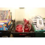 Crate of cranberry glass and very large glass vases