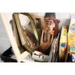 Crate containing carved wooden totem, 2 mirrors, 2 boxed IKEA racks and other household goods
