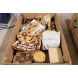 Tray of various wooden puzzles and games