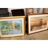 Large gilt framed print of river scene with large framed and glazed naval scene