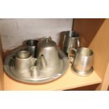 Thai/ Malaysian pewter coffee service with 2 tankards and small dish