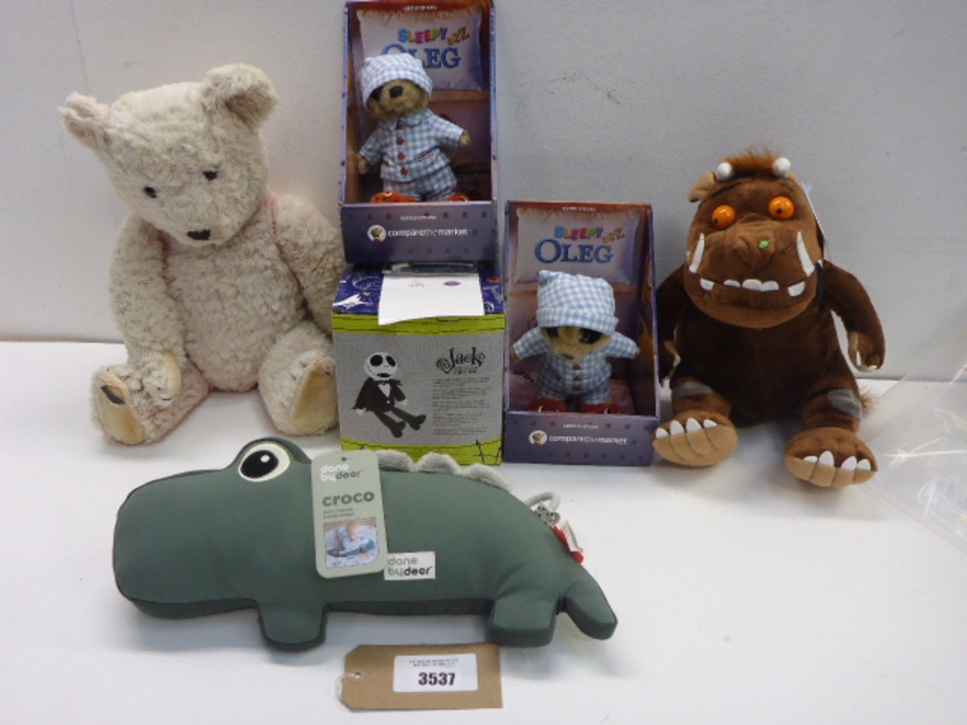 2 Sleepy Oleg meerkat soft toys, Gruffalo, Jack Scentsy buddy, Croco sensory toy and large teddy