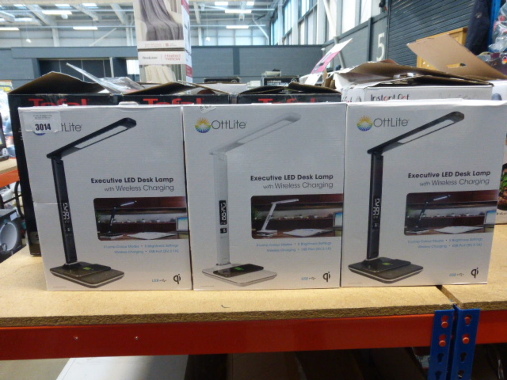 3 boxed Ott lit desk lamps, plus 1 unboxed