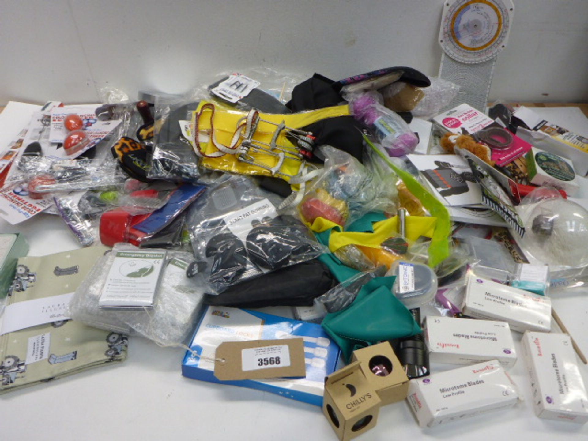 Large bag of household sundries, emergency blankets, microtome blades, Chilly bottle tops, Pooley'