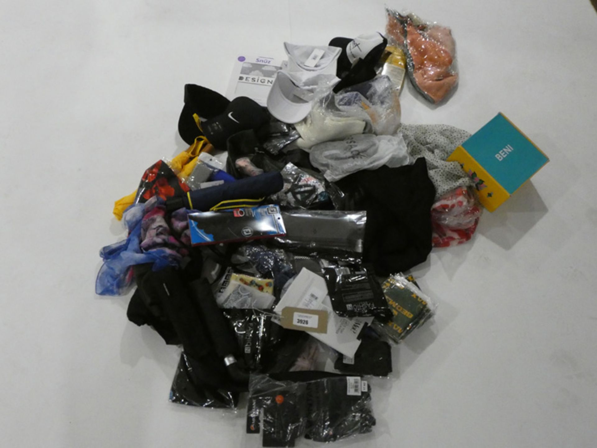 Large bag of accessories including, hats, scarfs, belts, umbrellas, masks, etc