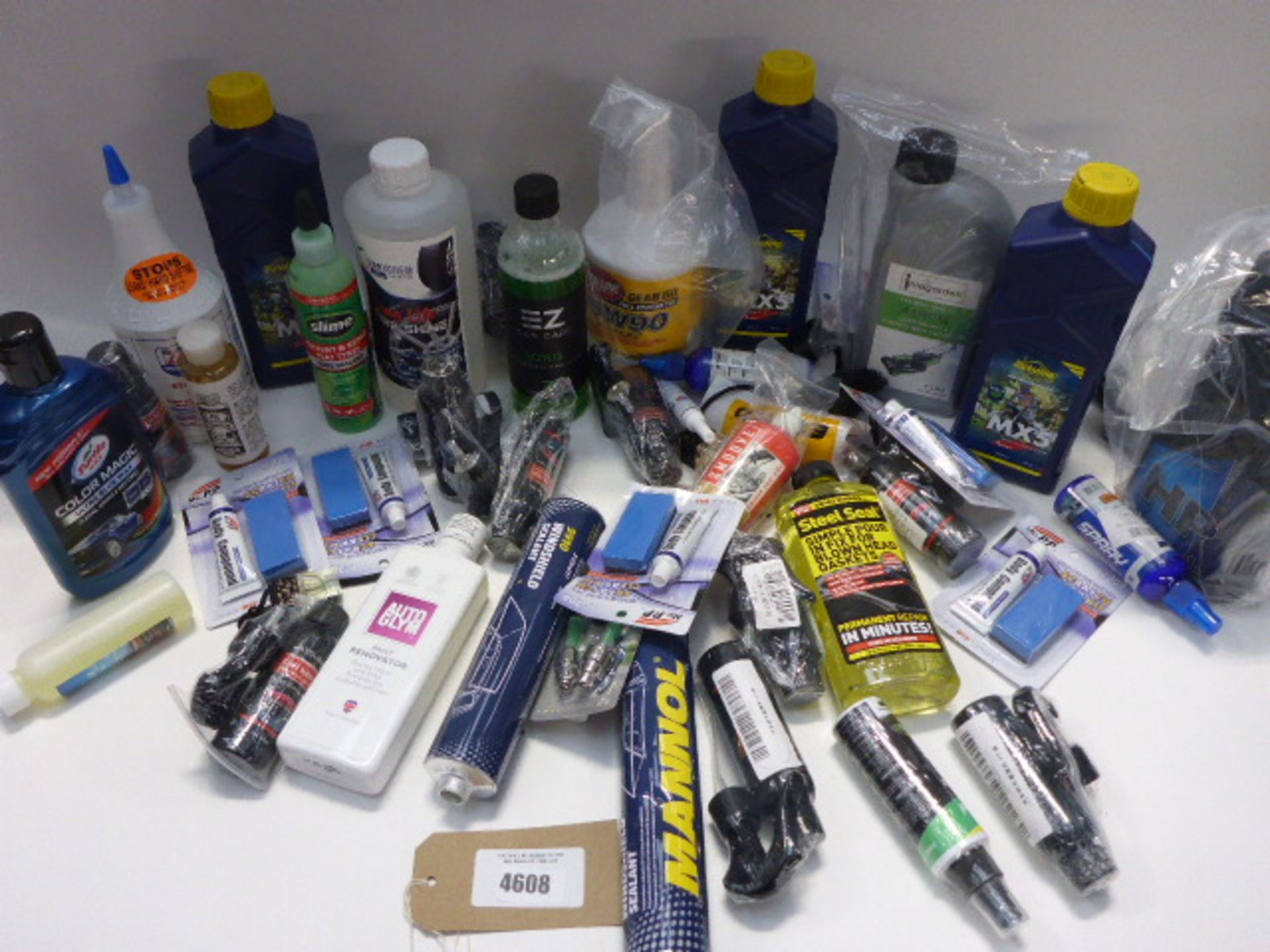Bag containing gear oil, Colour Magic car wax, Husqvarna oil, synthetic motorcycle oil, floor/lawn
