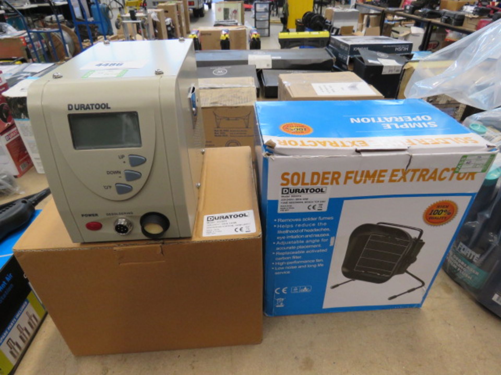 Duratool soldering station and solder fume extractor