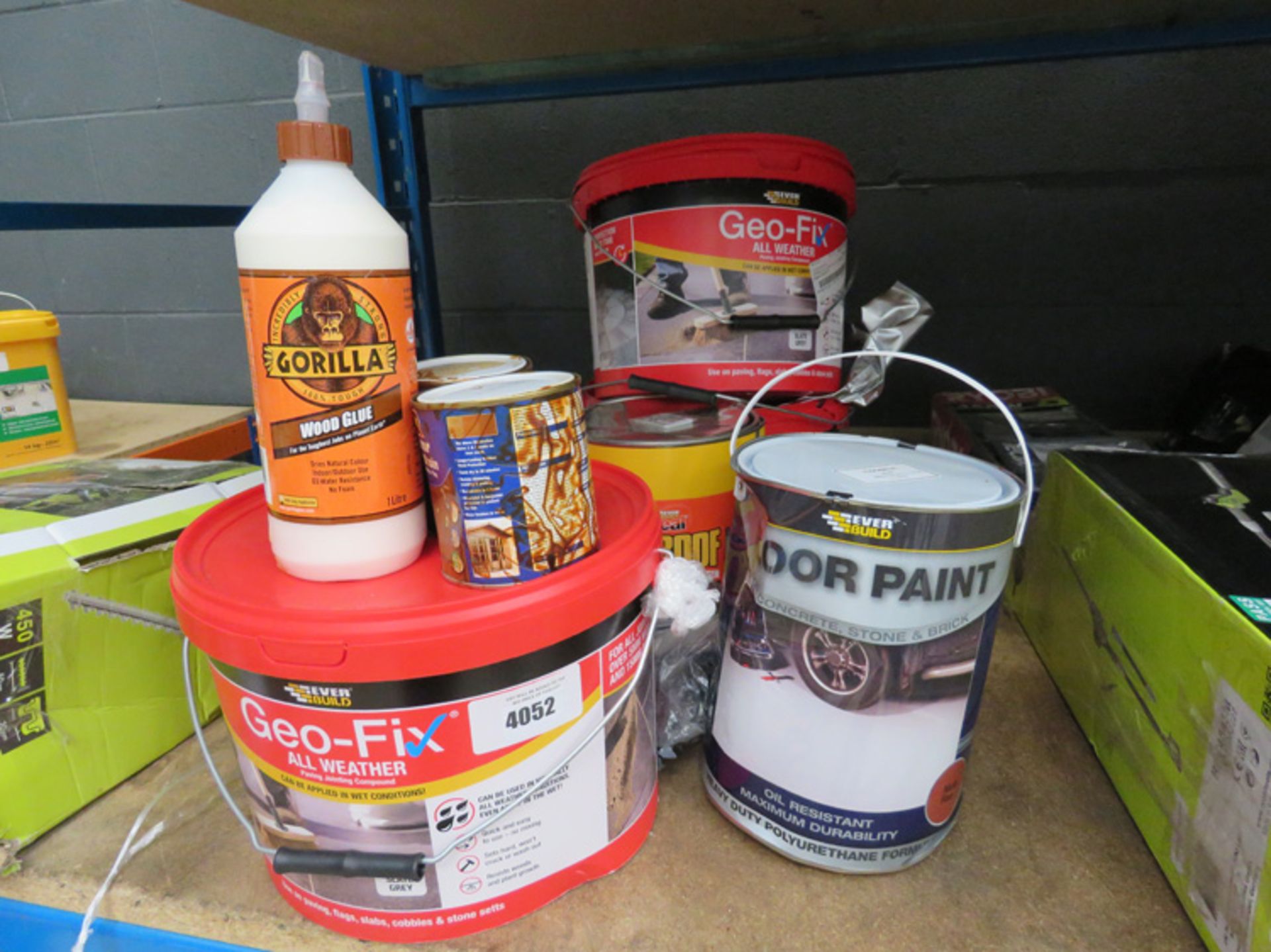 3 tubs of GeoFix jointing compound, Gorilla glue, floor paint and some liquid roof