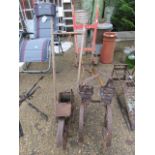 Red wooden sack barrow with 2 garden push along seed drills