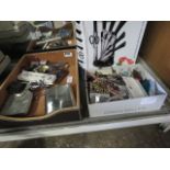 2 shallow trays of costume jewellery, hip flasks and knives