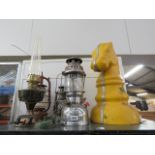 Large outdoor chess piece, 4 various lanterns and vintage mincer