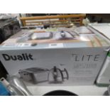 Boxed Dualit 4 slot toaster and matching 1.5l kettle silver