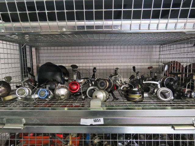 Shelf containing large quantity of modern fishing reels incl. Penn, Sport Fisher, Dipper Sunridge,