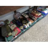 5 crates of mixed collectable items including vintage tins, brassware, books etc. vintage radio