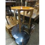 Small carved stool, a Mid Century teak folding stool and a Mid Century circular 2 tier trolley