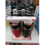 Set of Tefal travel mugs together with a pair of unboxed Contigo travel mugs and 4 large flasks