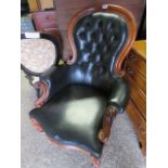 Mahogany framed black button back upholstered easy chair