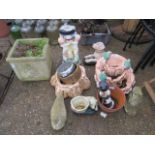 Small selection of concrete garden figures incl. ducks, dog, 2pc water feature and square planter